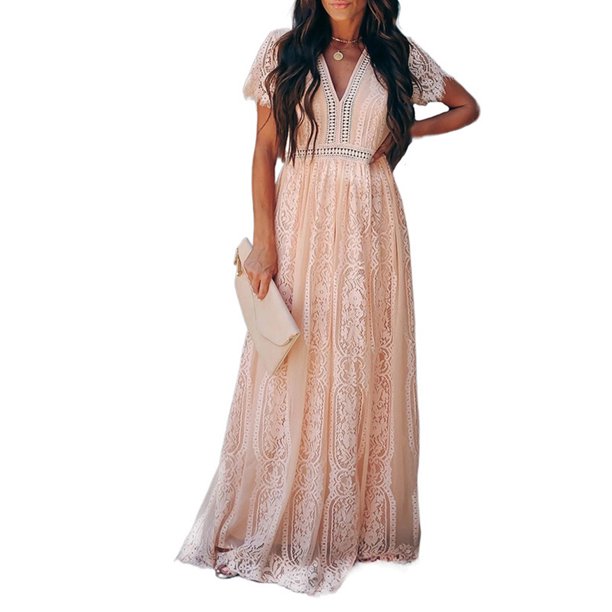 Merqwadd Women's Lace Floral Long Dress Short Sleeve Bohemian Beach