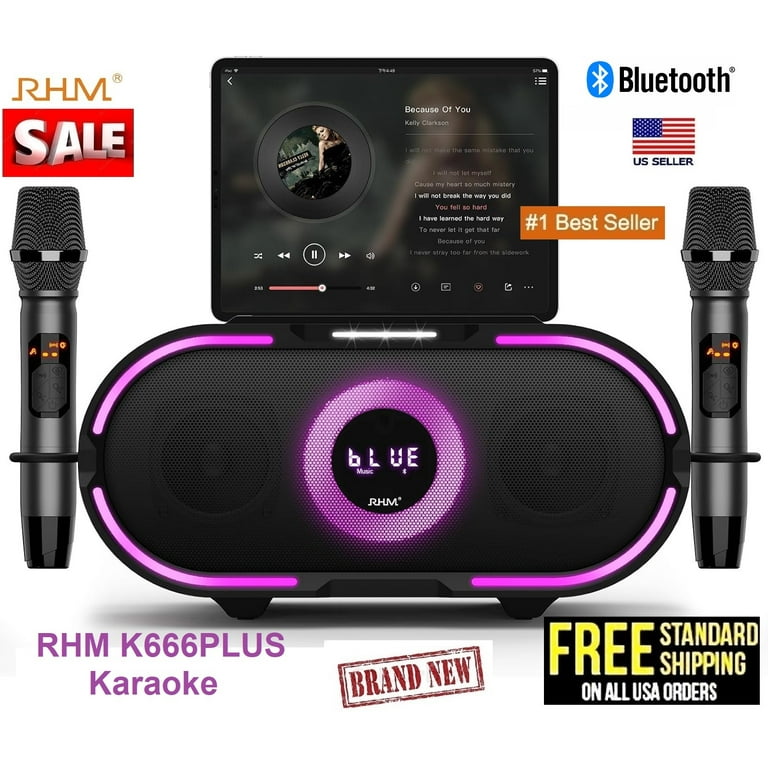 RHM K666PLUS Karaoke Machine with RGB Lights, 2 Wireless Mics