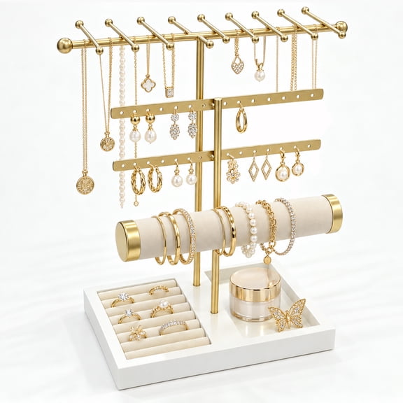 Multi-Layer Jewelry Stand, Gold Metal Jewelry Organizer with Solid Wood Base, Earring Necklace Bracelet Watch Ring Holder, Tabletop Jewelry Display Rack for Vanity, Ideal Gift for Women