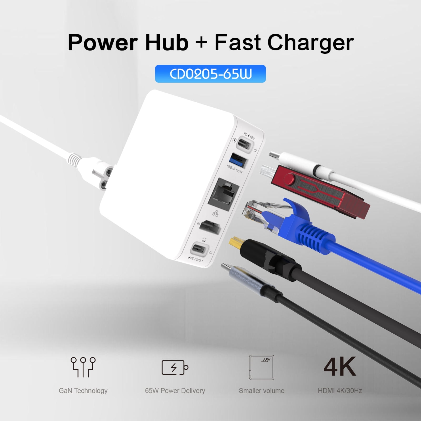 High-Speed Charging 65W Power Supply USB-C Charing Station 5-in-1 USB Type C HDMI RJ45 Ethernet Adapter