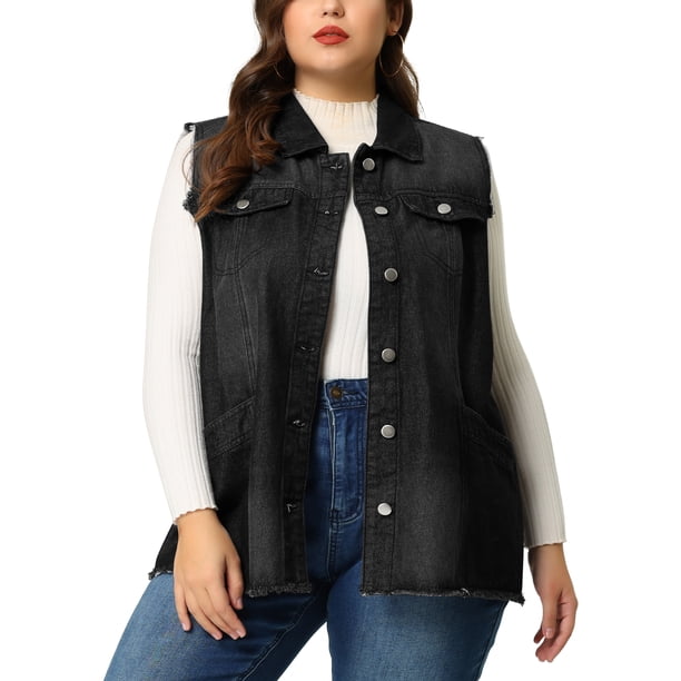 Women's Plus Size Jean Vest Button Down Turndown Collar Frayed Hem with Cargo Pocket Trucker Denim Vest Black 1X