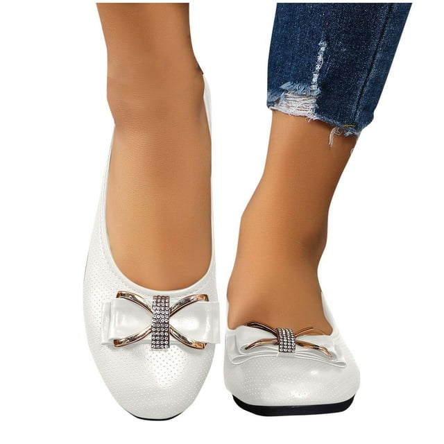 Xfvqtps Chaussures Plates Compensées Confortables pour Femmes, Respirantes, Bout Rond, à Enfiler, avec Strass, Chaussures Décontractées Légères, Blanc