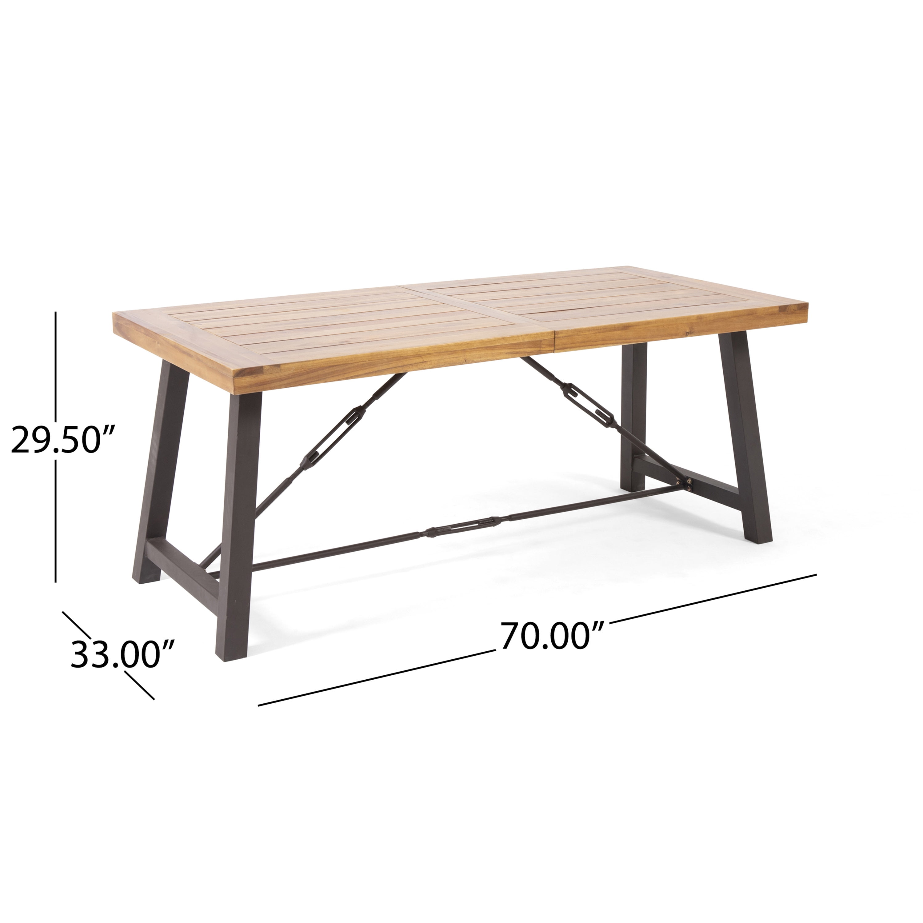 Outdoor Metal Base Acacia Wood Dining Table, Stable Household Desktop for Patio Garden, Teak and Rustic Metal