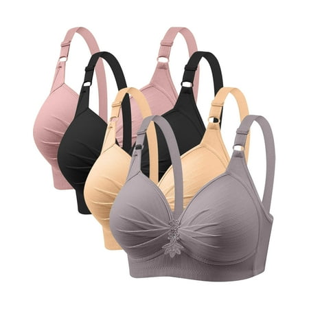 GERsome Pack of 4 Assorted Color Comfortable Full Coverage Bra for Women Wireless Bras with Soft Support Plus Size Everyday Bras 4PC#Pink/Black/Beige/Gray S