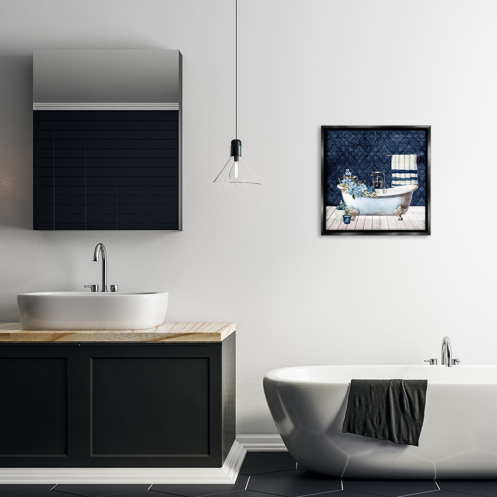 Stupell Industries Blue Damask Bathroom Bath & Laundry Painting Black Floater Framed Canvas Art Print Wall Art, 18 x 18