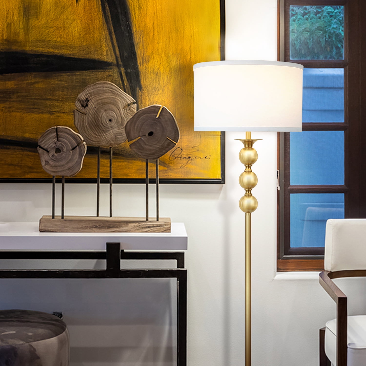 Brightech Riley 60 in. Antique Brass Mid-Century Modern 1-Light LED Super Bright Floor Lamp with White Fabric Drum Shade