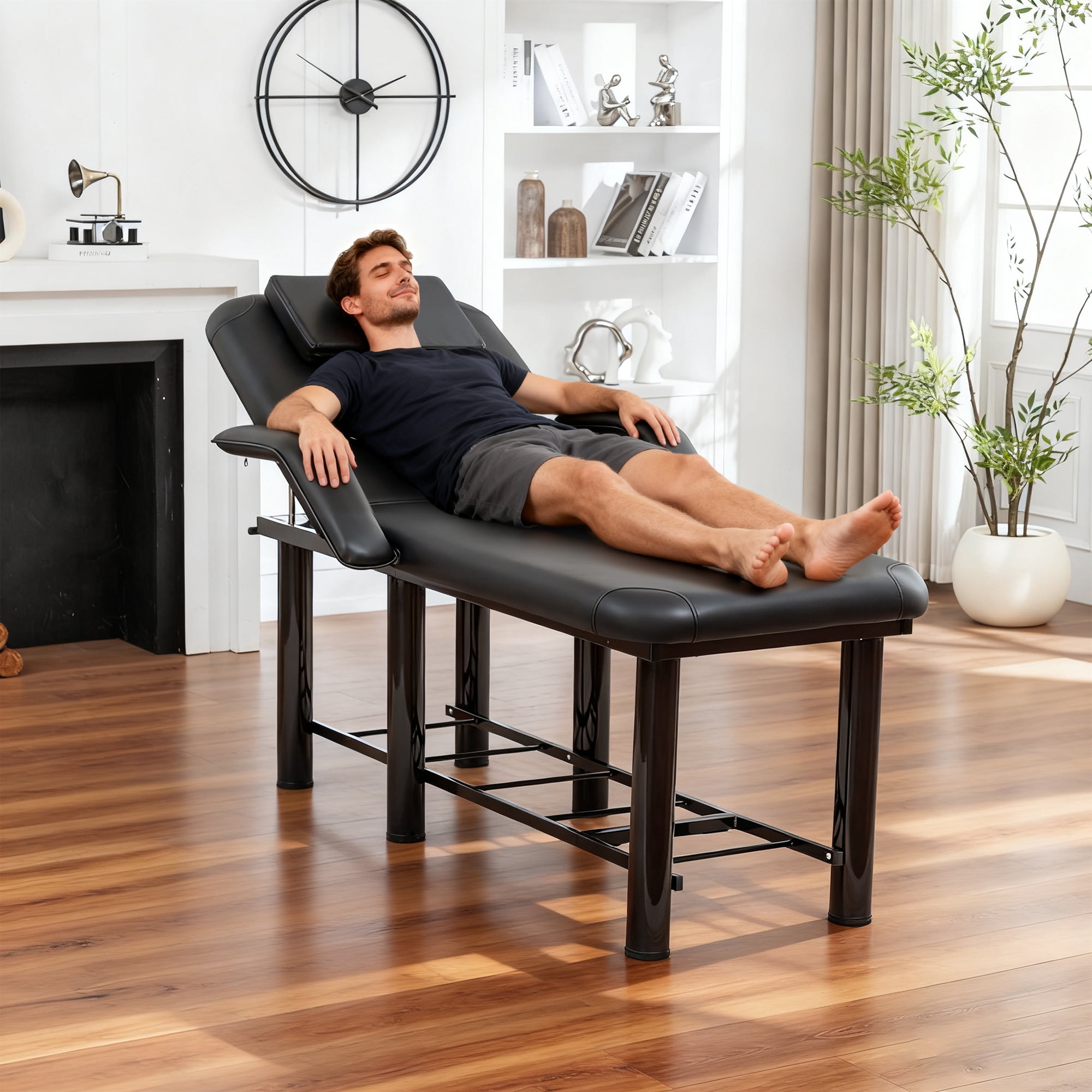 Miniyam 73.7" x 26.8" x 25.6" Professional Beauty Bed – Removable Headrest & Breast Cushions, Armrests, Storage Shelf – for Massage, Facial, Tattoo, Spa – Black
