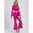 thumbnail image 3 of YiZYiF 70s Disco Costumes for Womens Metallic Shiny Jumpsuits Tiered Flare Sleeve Bell Bottoms Romper Hot Pink XXL, 3 of 7