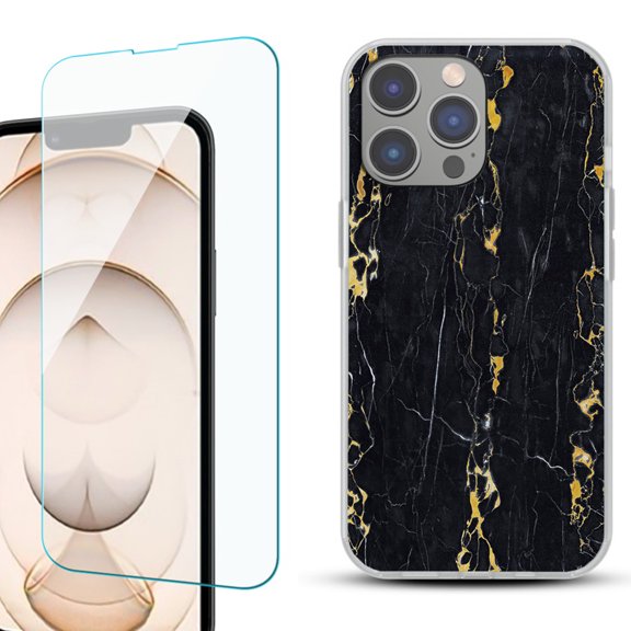 OneToughShield ® for iPhone 15 Pro Max Shockproof Fashion Phone Case, with Tempered Glass Screen Protector - Marble / Gold/Black