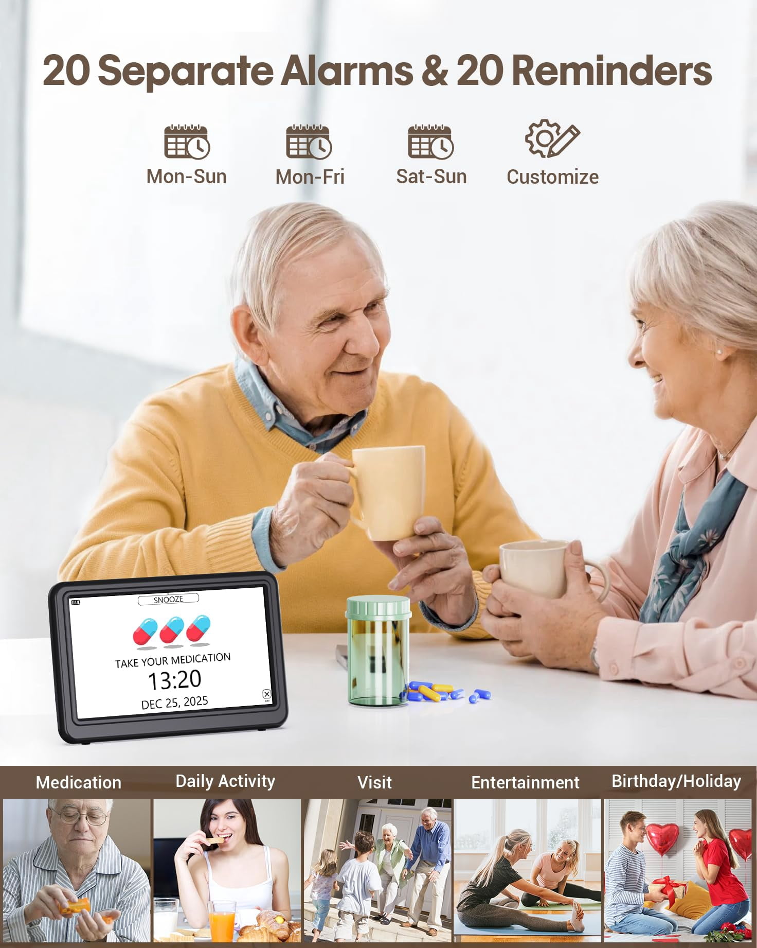 Clock With Day And Date For Operated  Digital Calendar 12 Display Modes 20 Alarms Reminders Dementia Clocks Seniors Black (with Rechargeable Battery)
