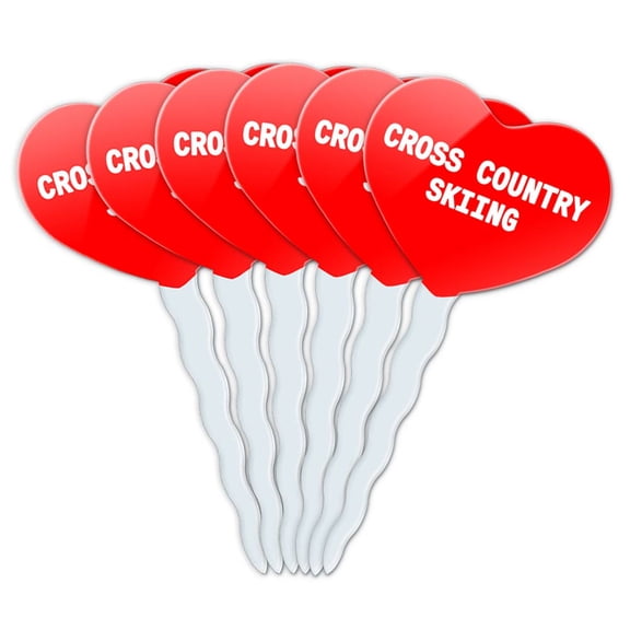 Cross Country Skiing Heart Love Cupcake Picks Toppers - Set of 6