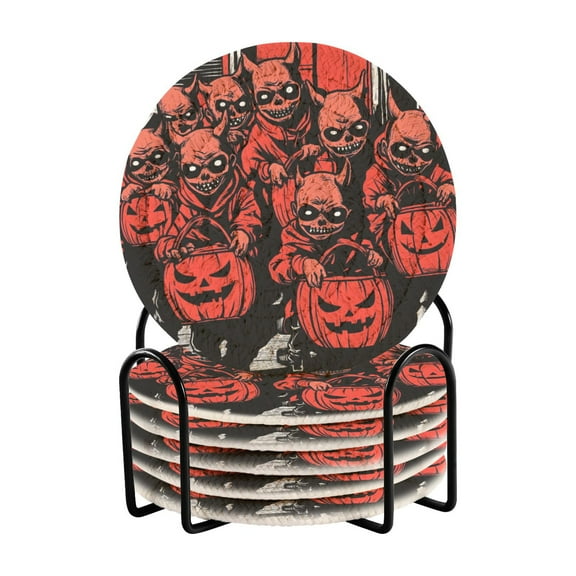 Halloween Red Devil and Pumpkin Drink Coasters with Holder Absorbent Coaster for Coffee Table Room Decor 6 Pack