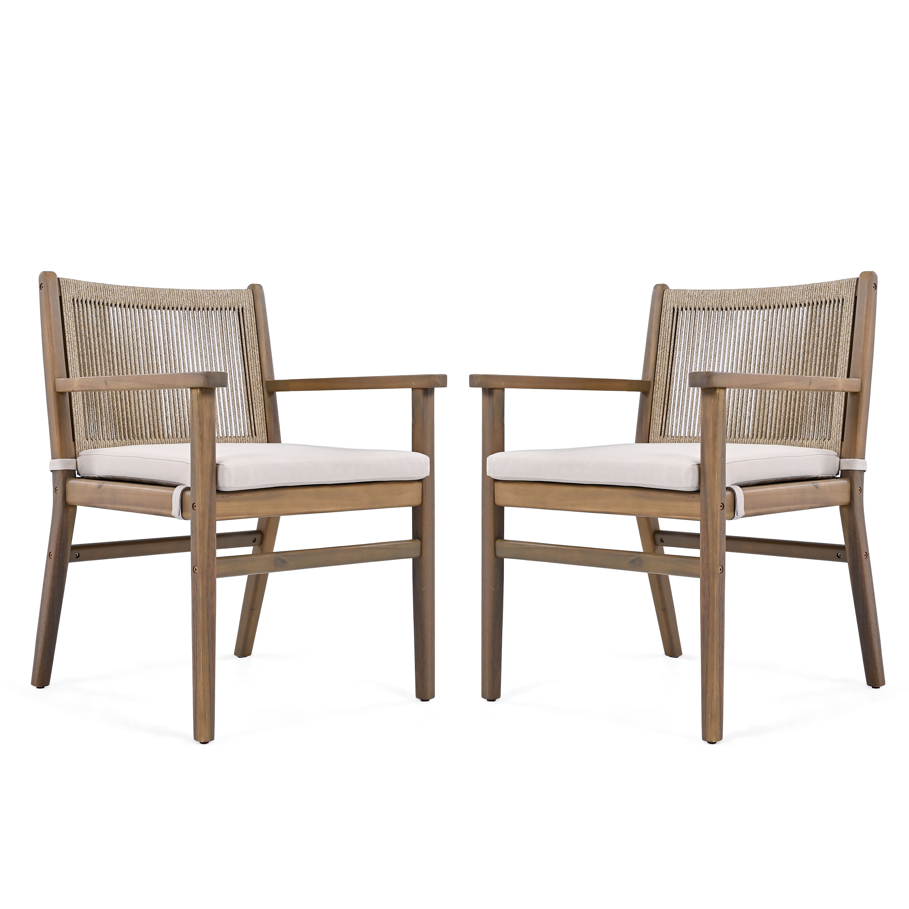 Outdoor Dining Chairs Set of 2, Acacia Wood Patio Armchair with Rope Design Back for Garden, Light Brown