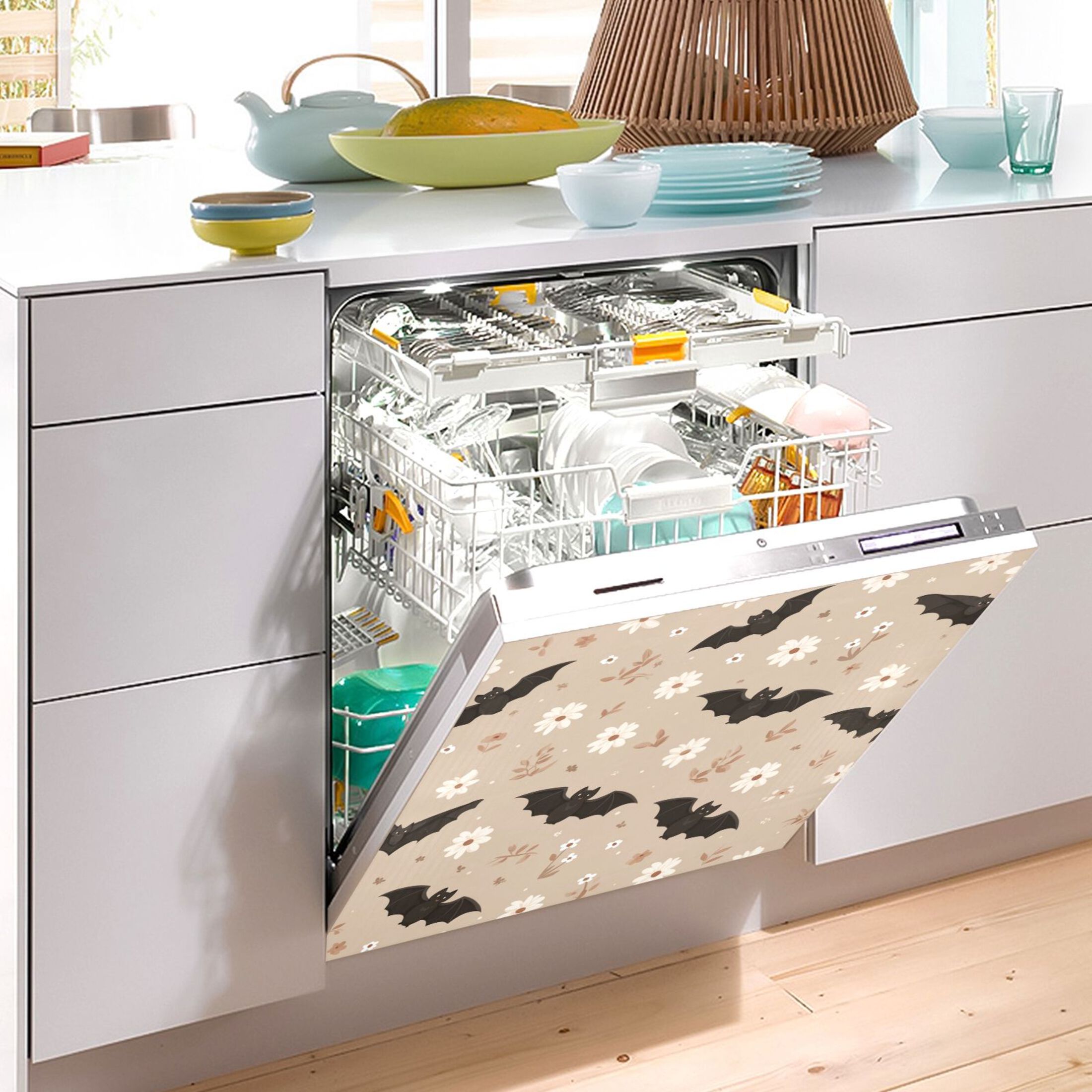 Dishwasher Sticker Magnetic Dishwasher Sticker Magnetic Decorative Sticker Refrigerator Sticker Dishwasher Decorative Stickers Bats and White Flowers
