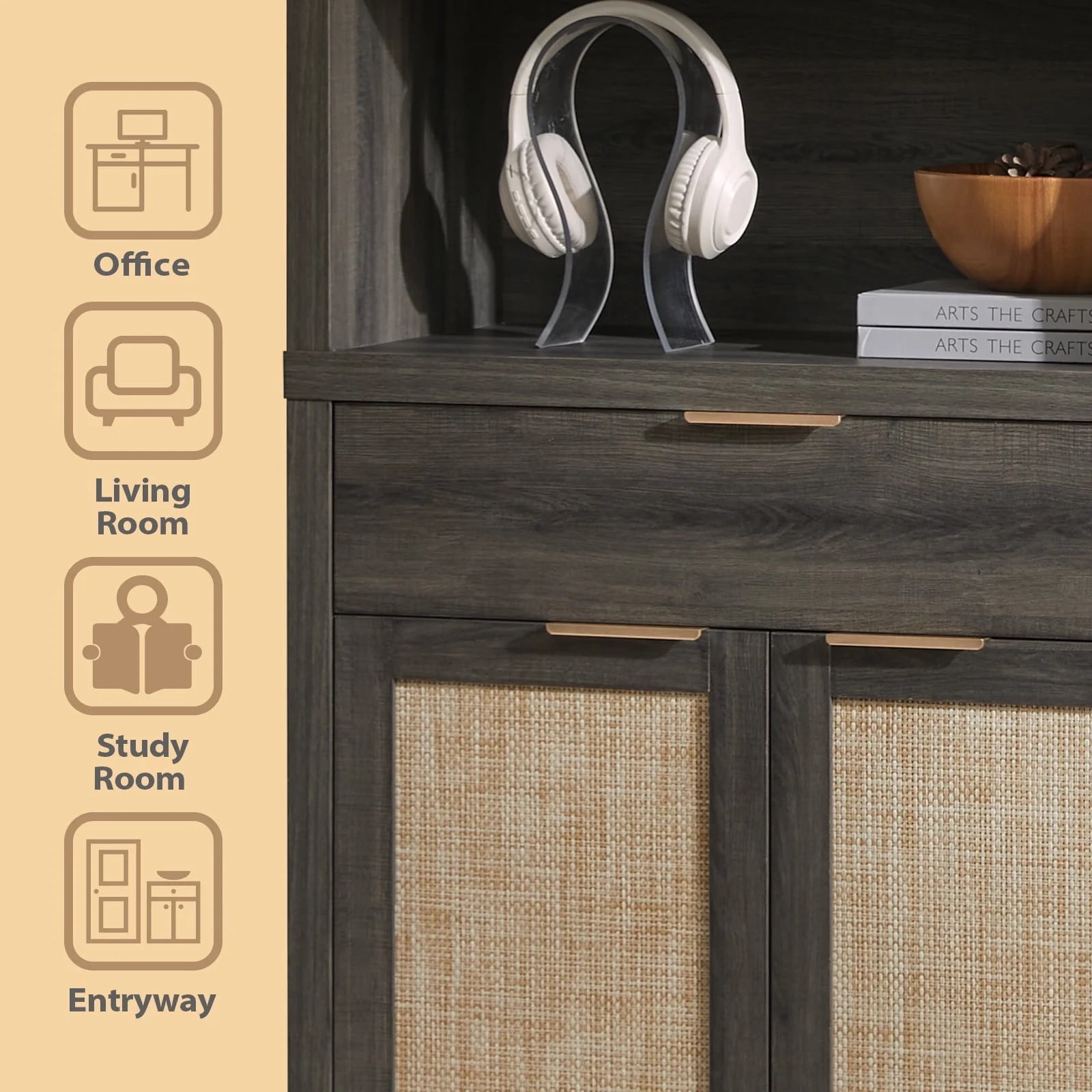 ARKANTOS Rattan Bookcase with Doors, 5 Shelf Adjustable Bookshelf and Storage Cabinet, Charcoal Oak