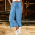 thumbnail image 7 of KLHDSF Pants For Women Drawstring Elastic Waist Cropped Pants with Pockets And Ruffle Hem Cotton Linen Solid Summer Trousers Sky BlueL, 7 of 7