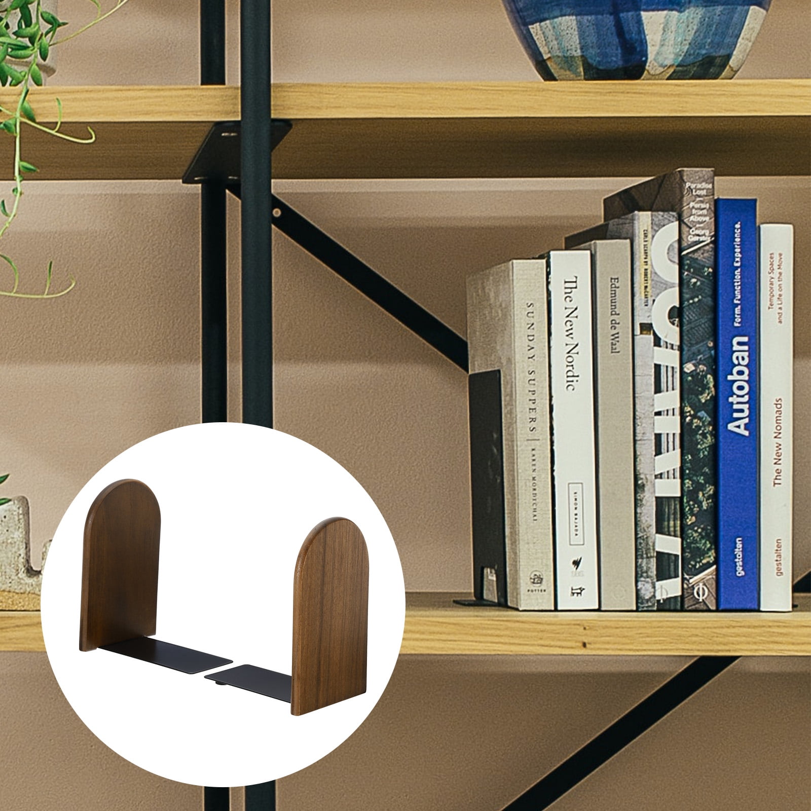 Unique Bargains Wood Bookend with Metal Base Non-skid Round Head Book Ends Walnut Wood