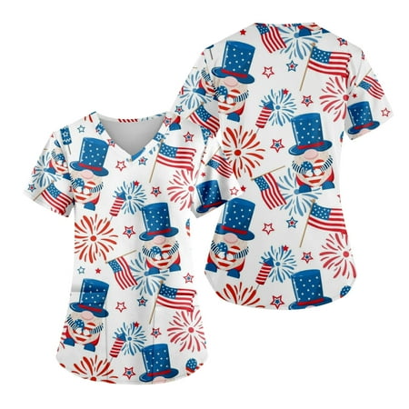 

Sksloeg Women Scrub Tops Stretchy Red White Blue Star Stripe Printed V-Neck Workwear with Pockets Shirts Nursing Working Uniform Red XXXXL
