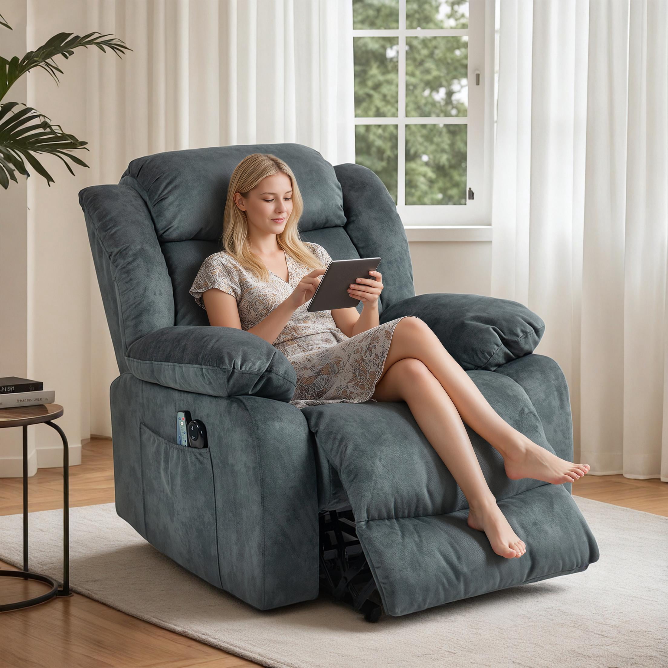 PAPROOS Recliner Chair, Electric Power Lift Recliner with Heat Therapy and Massage Function, Large Size Lift Chair with Remote and Side Pocket, Oversized Power Reclining Sofa, Gray Blue
