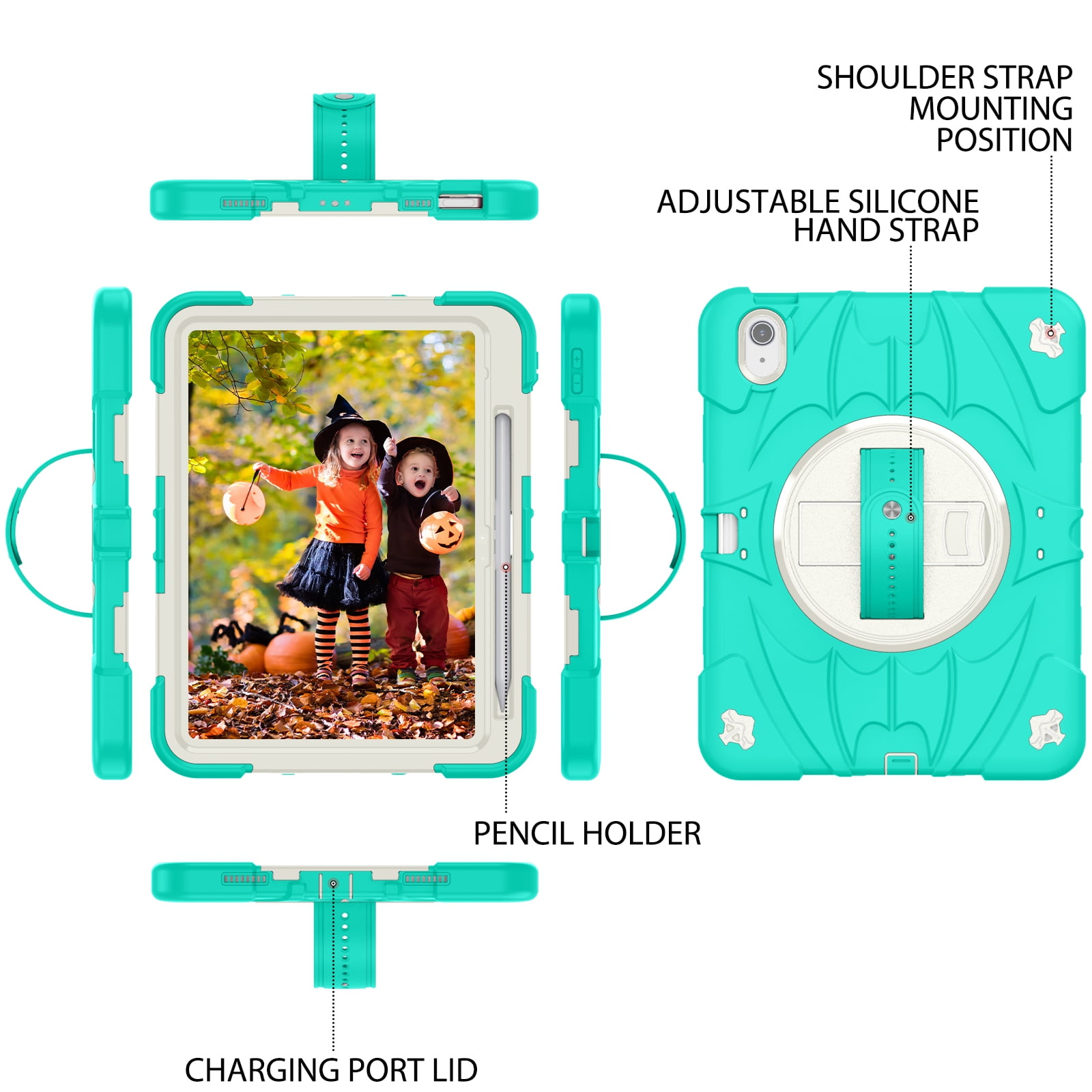 ELEHOLD Case for Apple iPad 10th Gen, Heavy Duty Shockproof Case with Pencil Holder/Stand/Hand Strap/Shoulder Belt, Rugged Protective Cover for Boys Girls,Mint