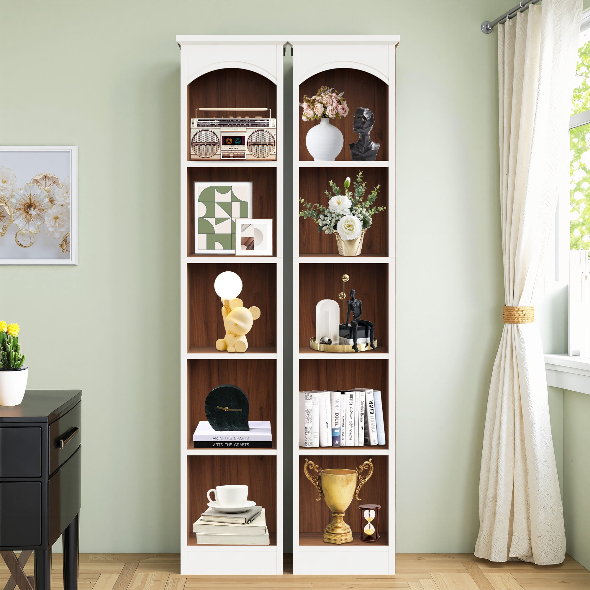MAYEERTY Slim Narrow 5-Cube Corner Bookcase, 70.9" White Oak Mix Vertical Display Storage Rack