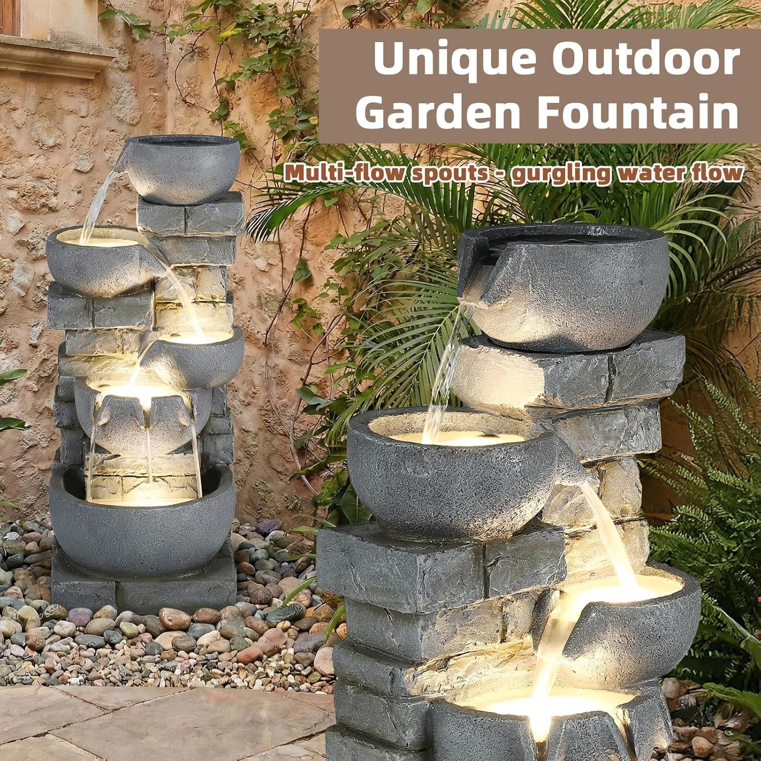 EPICOZY 33" Tall Outdoor Water Fountain, 5 Tier Cascading Bowls and Stacked Stone Wall Waterfall Fountain with Warm LED Lights, Resin Garden Water Feature for Patio, Backyard and Home Art Décor