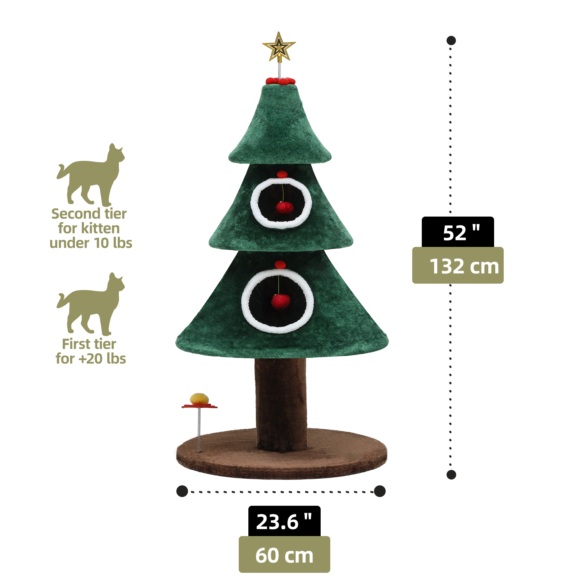 Uforic 52" Large Christmas Cat Tree Tower with 2 Condos &Teaser Plaything, Green