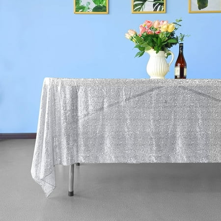 

Trimming Shop 70 x 108 - Rectangle Sequin Tablecloth Glitter Sparkly Table Cover for Home & Dining Party Decoration Silver - 1pcs