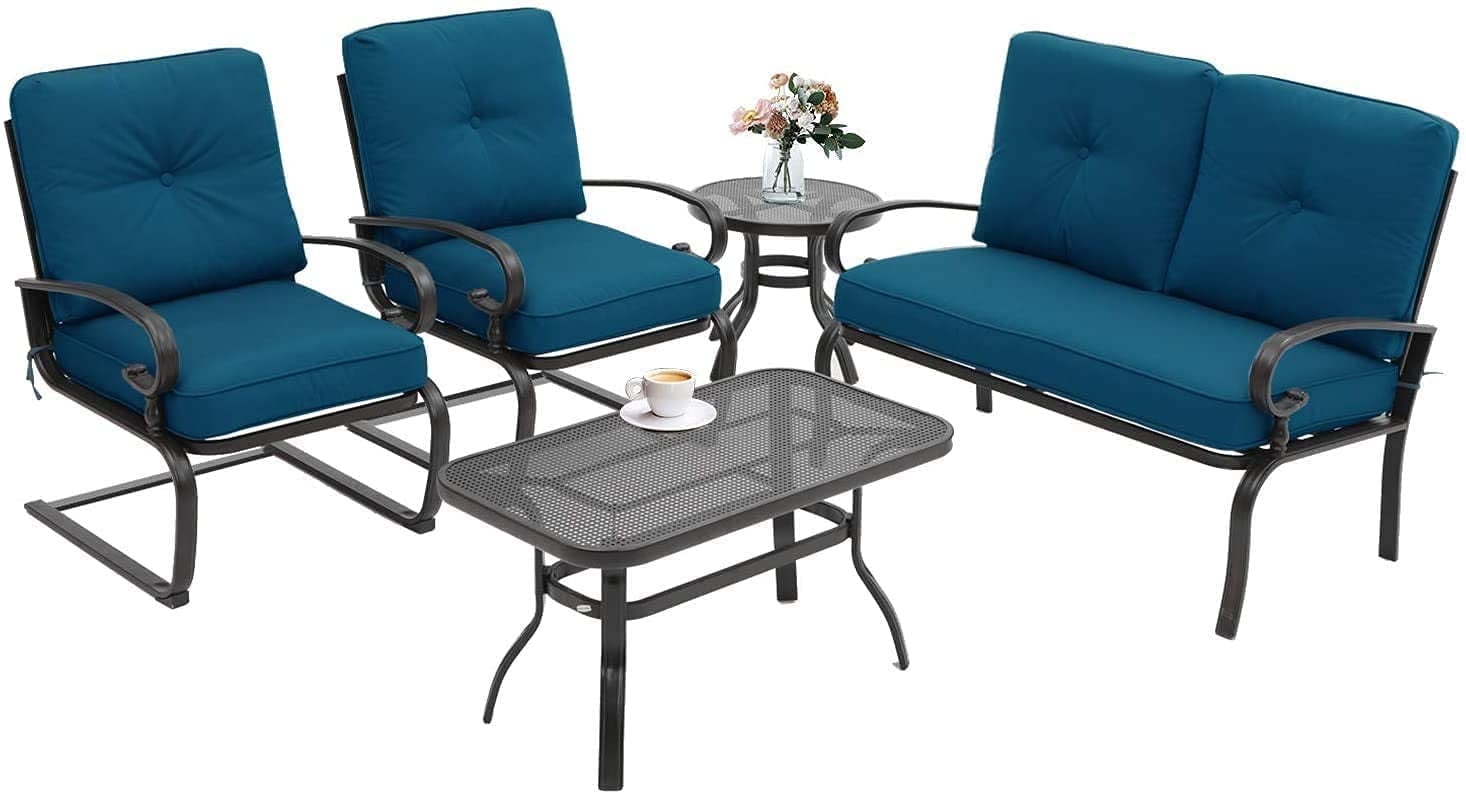 SUNCROWN 5-Piece Patio Furniture Conversation Sets with Wrought Iron Loveseat and Spring Chairs（Peacock Blue）