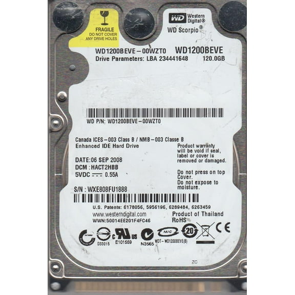 WD1200BEVE-00WZT0, DCM HACT2HBB, Western Digital 120GB IDE 2.5 Hard Drive