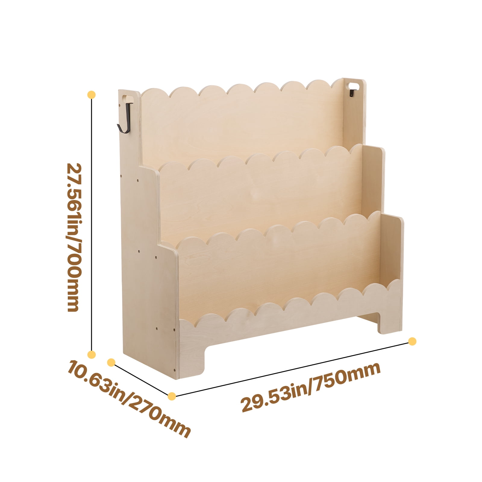 KFFKFF Montessori-Inspired 3-Tier Kids Bookshelf with Scalloped Design, Front-Facing Bookcase for Toddlers, Includes Dual Hooks for Backpacks, Ideal for Kids' Rooms, Living Areas, Entryways
