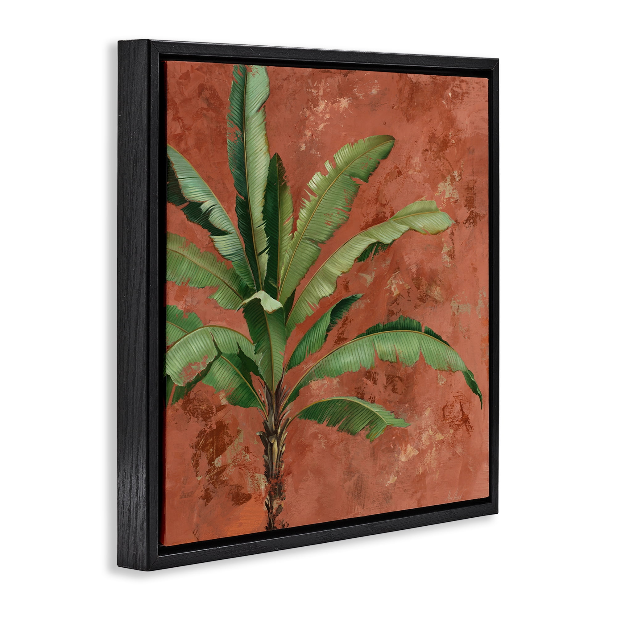 Stupell Industries Palm on Muted Red Botanical & Floral Painting Black Floater Framed Canvas Art Print Wall Art, 18 x 18