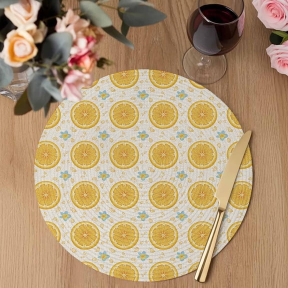 Yellow Lemon Rounds Round Braided Placemats Set of 2, Summer Fruit Rustic Floral Vintage Heat Insulation Place Mats Washable Non-Slip Table Mats for Kitchen Dining Party, 15 Inches