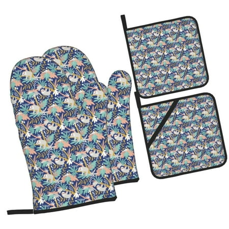 

Haiem Tropical Sloth Print Extra Long Oven Mitts and Pot Holders 4pc Sets: Heat Resistant Silicone Oven Mittens with Mini Oven Gloves and Hot Pads Potholders