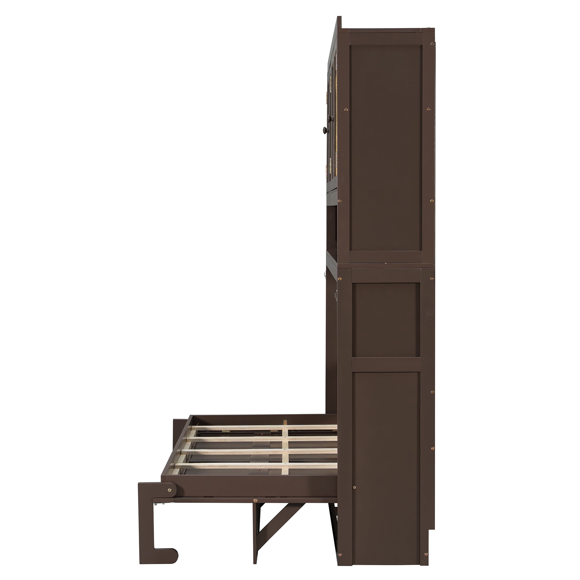 Mintazer Twin Murphy Bed with Rattan Cabinet & Desk, Wall Foldable Bed with Charge Station & LED Lighting for Bedroom Guest Room, Espresso