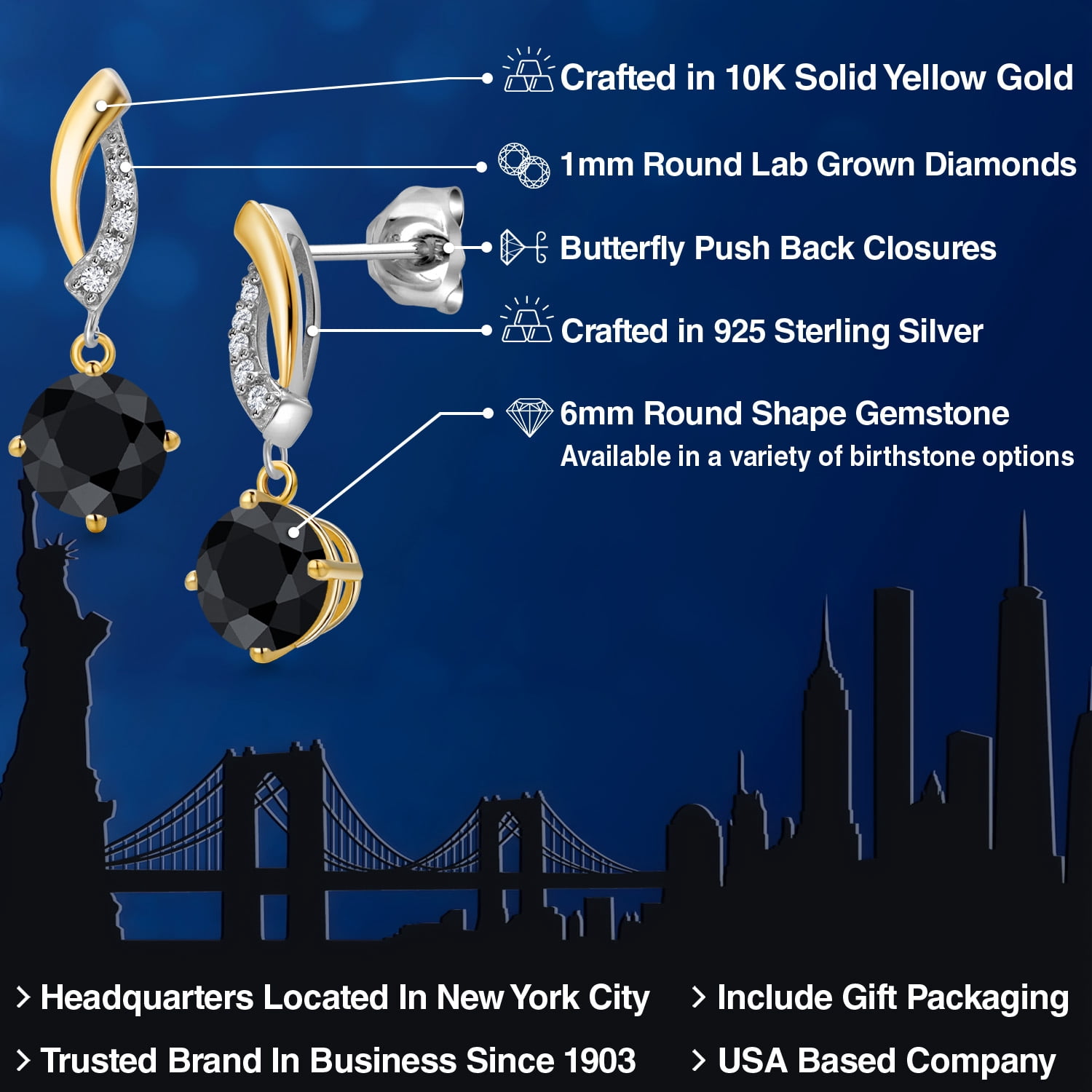 Gem Stone King 925 Silver and 10K Yellow Gold Black Sapphire and White Lab Grown Diamond Dangle Earrings for Women | 2.35 Cttw | Gemstone September Birthstone | Round 6MM