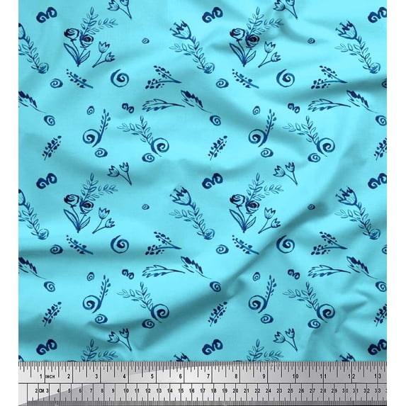 Soimoi Blue Poly Georgette Fabric Leaves & Tulip Floral Fabric Prints By Yard 42 Inch Wide