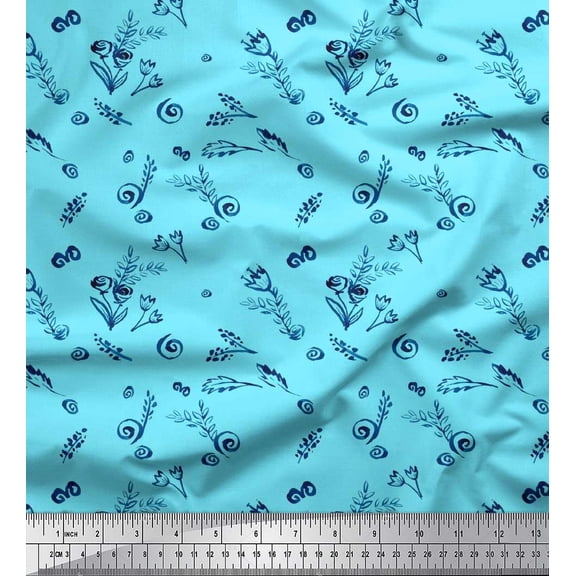 Soimoi Blue Cotton Duck Fabric Leaves & Tulip Floral Printed Craft Fabric by the Yard 42 Inch Wide