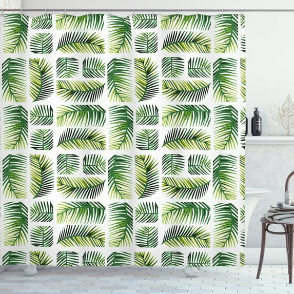 Leaves Shower Curtain, Arrangement of Vertical and Horizontal Plantation, Fabric Bathroom Set with Hooks, 69W X 70L Inches, Fern Green Apple Green Lime Green and White, by Ambesonne