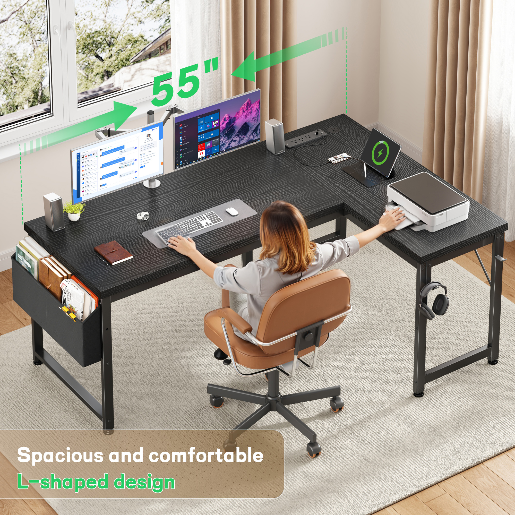 EnHomee Gaming Desk with Storage Computer Desk with LED Lights Reversible Office Desk with Storage Organizer, Black