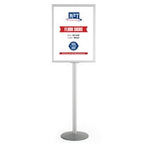 M&T Displays Sign Holder Stand, Silver 22x28 Inch Poster Frame Double Sided Slide-In Aluminum Easy Loading Floor Standing Pedestal Advertisement Post Commercial Menu Holder Round Heavyweight Base