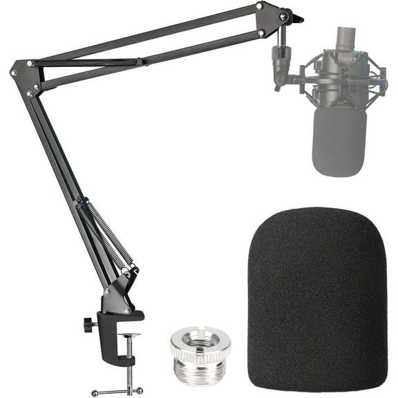 SUNMON for Audio-Technica AT2020 Microphone Stand with Foam Windscreen, Suspension Boom Scissor Arm Stand with Pop Filter Cover for AT2020 Mic