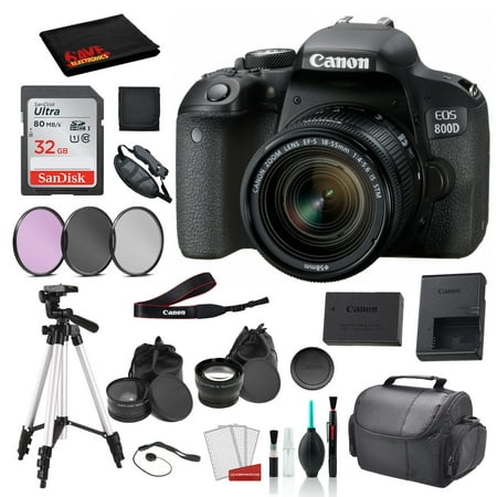 Canon EOS 800D (Rebel T7i) 18-55mm IS STM Lens Bundle SanDisk 32gb SD Card + 3PC Filter Kit