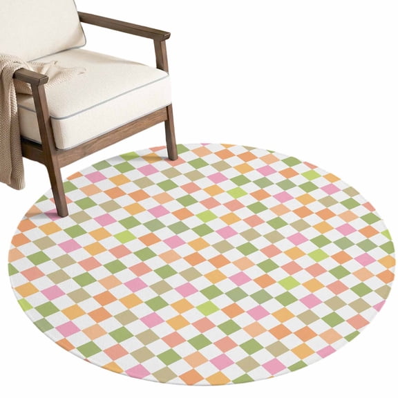Modern Checkerboard Washable Round Area Rug 7 ft, Minimalist Colorful Plaid Geometric Grid Soft Non‑Slip Rugs Stain Repellent Indoor Mats for Large Living Room, Dining‑Room, Open‑Plan Space