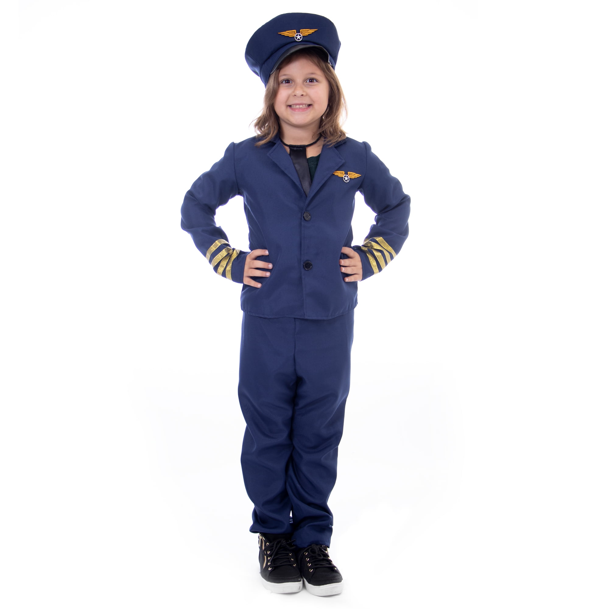 Mens Pilot Costume Captain Wingman Fancy Dress Uniform Aviator Outfit 60s Retro 