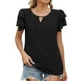thumbnail image 2 of Fanxing Womens Summer Chiffon Tops Ruffled Short Sleeve T Shirts with Keyhole Basic Solid Color Tees Shirt Black,XXL, 2 of 8