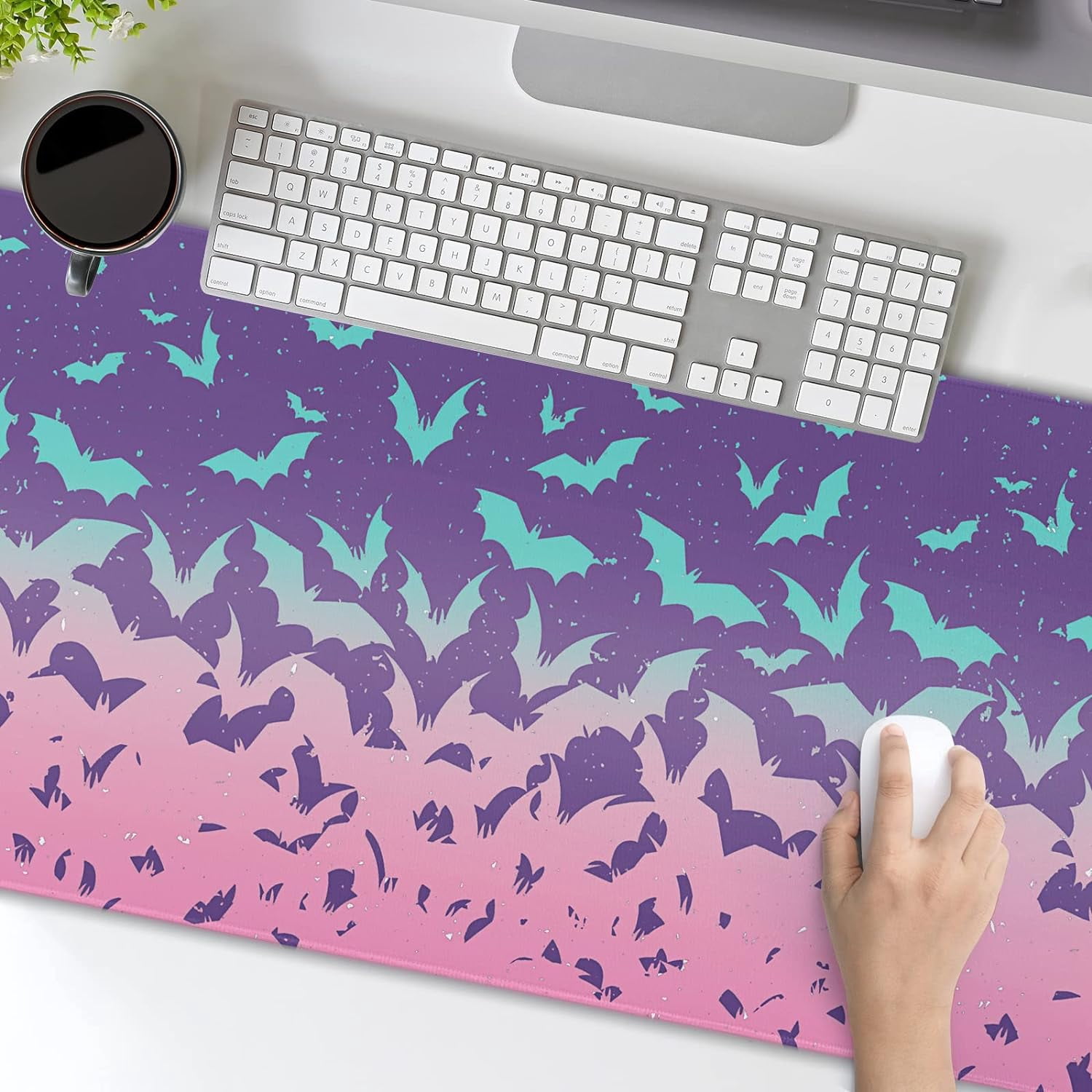 Pink Bats Gaming Mouse Pad XL Pastel Purple Witchcraft Extended Big Large Desk Mat Non-Slip Rubber Base Stitched Edge Long Keyboard Mousepad for PC Computer Laptop,31.5×11.8 in