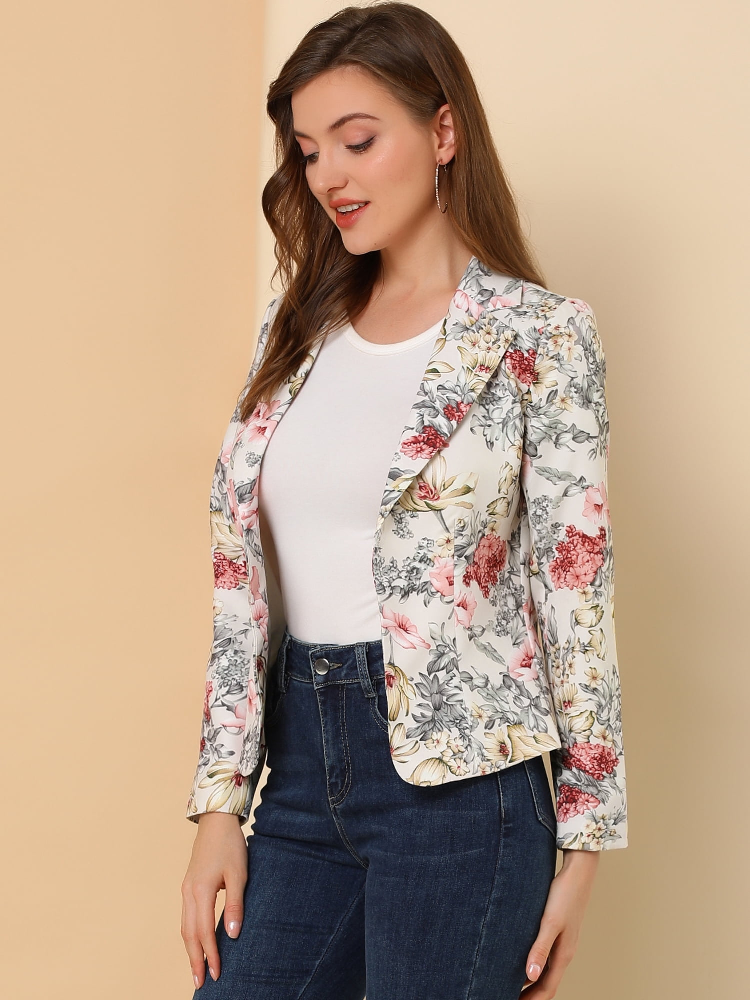 DARING DIVA Women's Elegant Notched Lapel Floral Print Blazer 3XL Beige-Floral