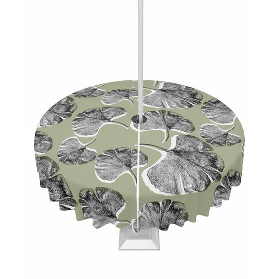 Outdoor Tablecloth with Umbrella Hole for Patio/Picnic/Party/Camping, Grey Leaves Waterproof Table Cloth Round Cover Washable, Vintage Abstract Art Botanical Sage Green Dia 60"