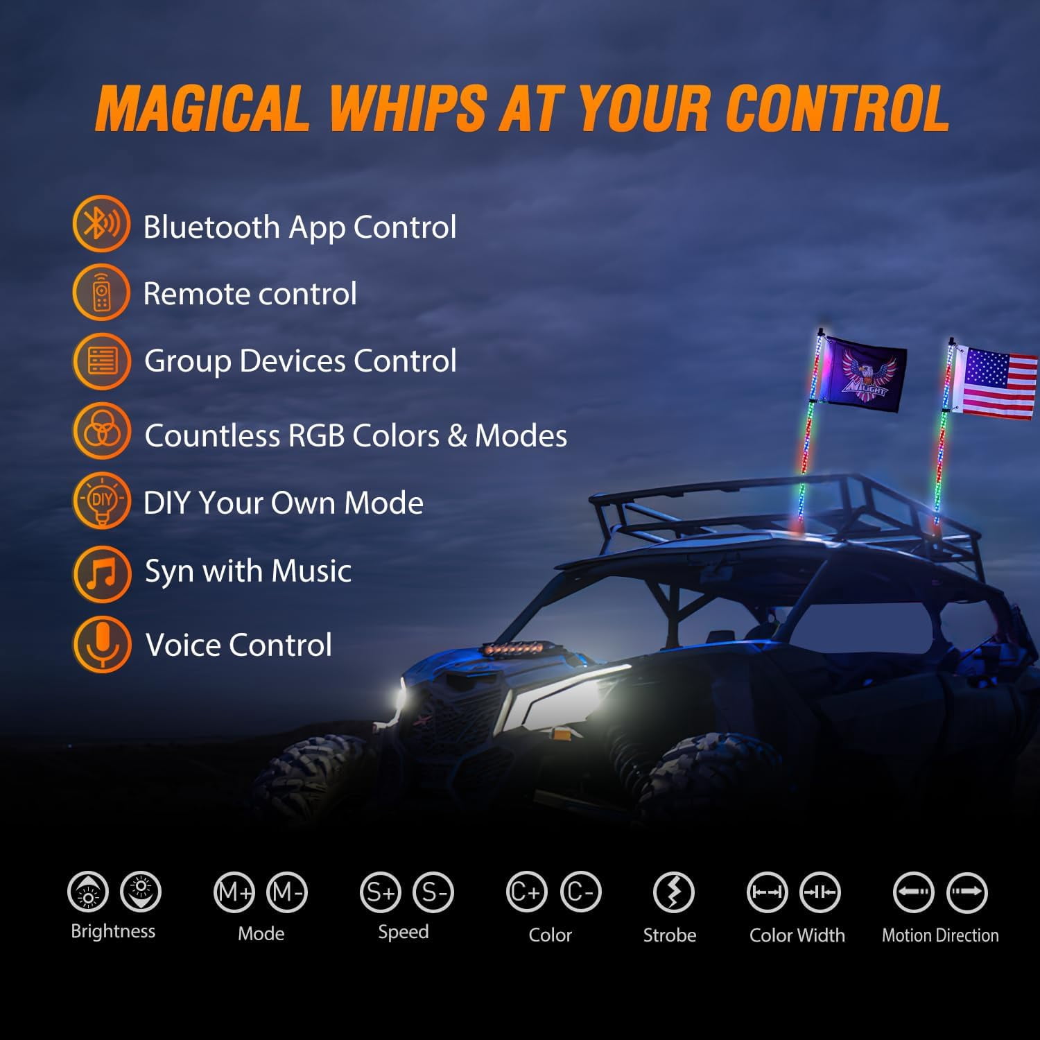 Nilight 2Pcs 2FT RGB Led Whip Light with Extra Stop Turn Reverse Light, Remote & App Control, DIY Chasing Patterns, Safety Antenna Lighted Whips for ATV UTV Polaris RZR Can-am